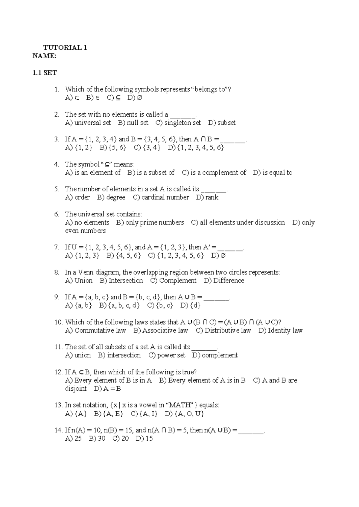 Discrete MATH Tutorial 1: Set Theory and Operations - Studocu