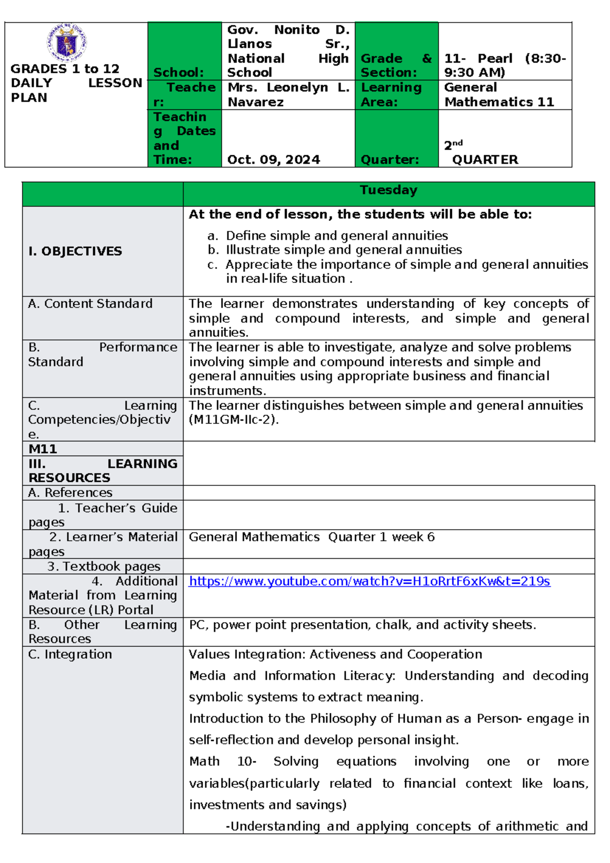 General Mathematics 11 Daily Lesson Plan: Simple & General Annuities ...