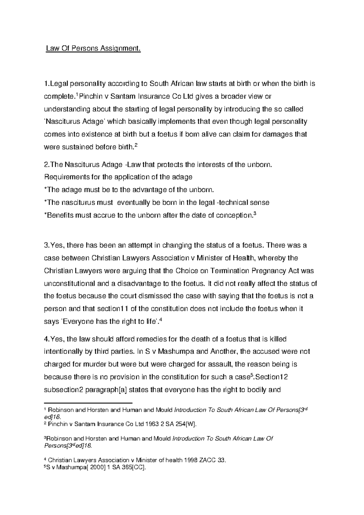 Law of Persons Assignment: Legal Personality in South Africa - Studocu