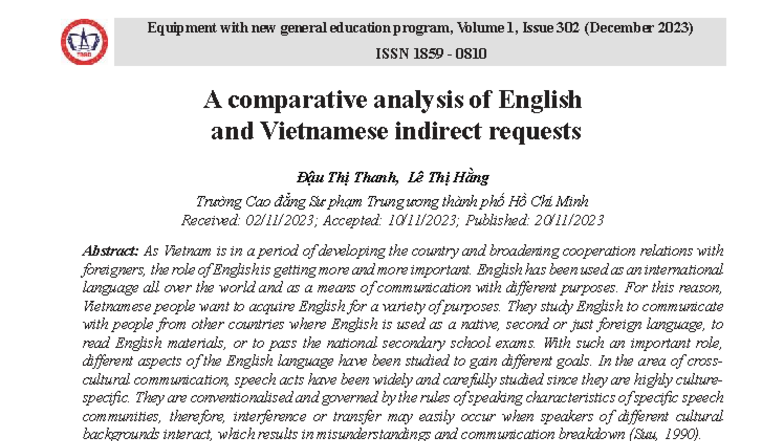 Comparative Analysis of Indirect Requests in English & Vietnamese - Studocu