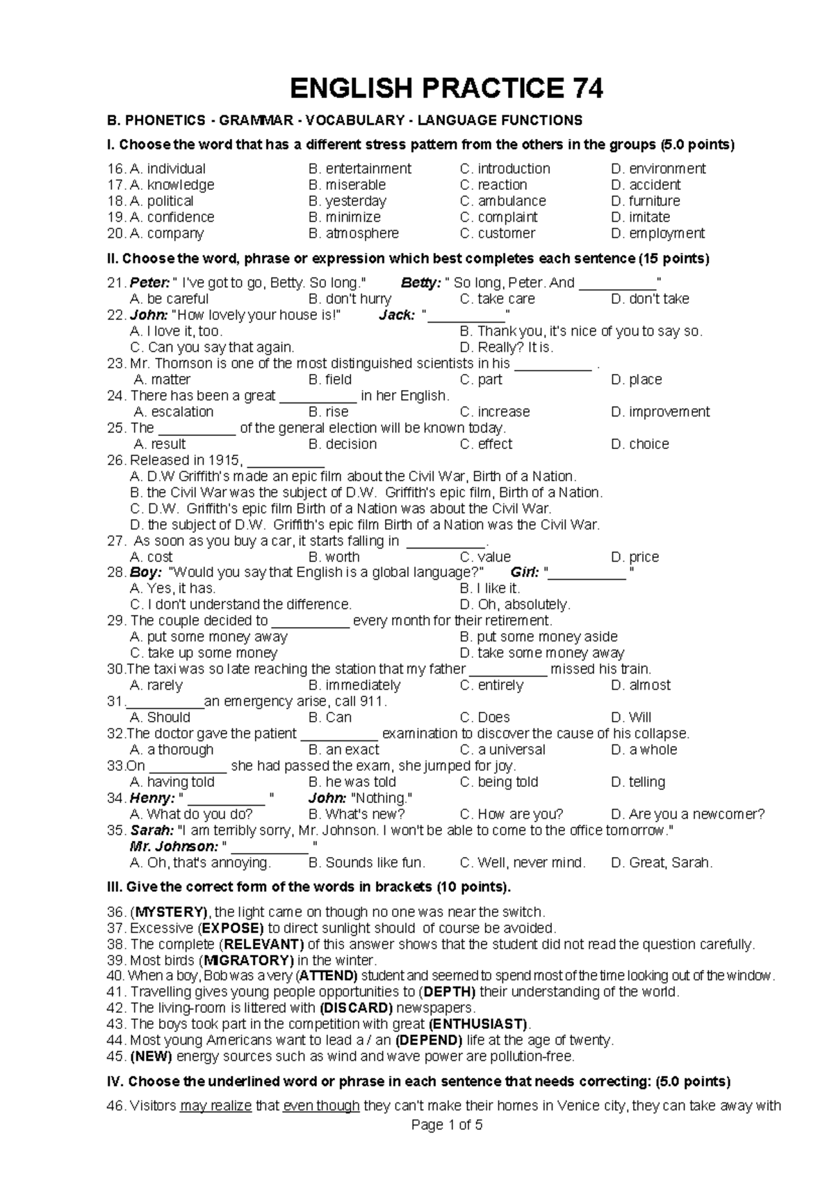 ĐỀ 74 - B. PHONETICS, GRAMMAR, VOCABULARY & LANGUAGE FUNCTIONS - Studocu