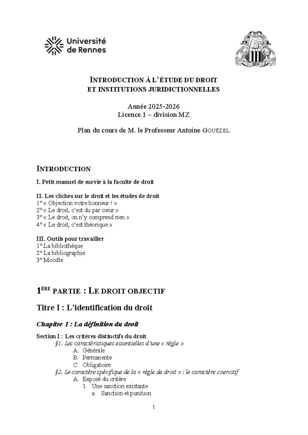 Plan de Cours : Introduction au Droit et Institutions Juridictionnelles ...