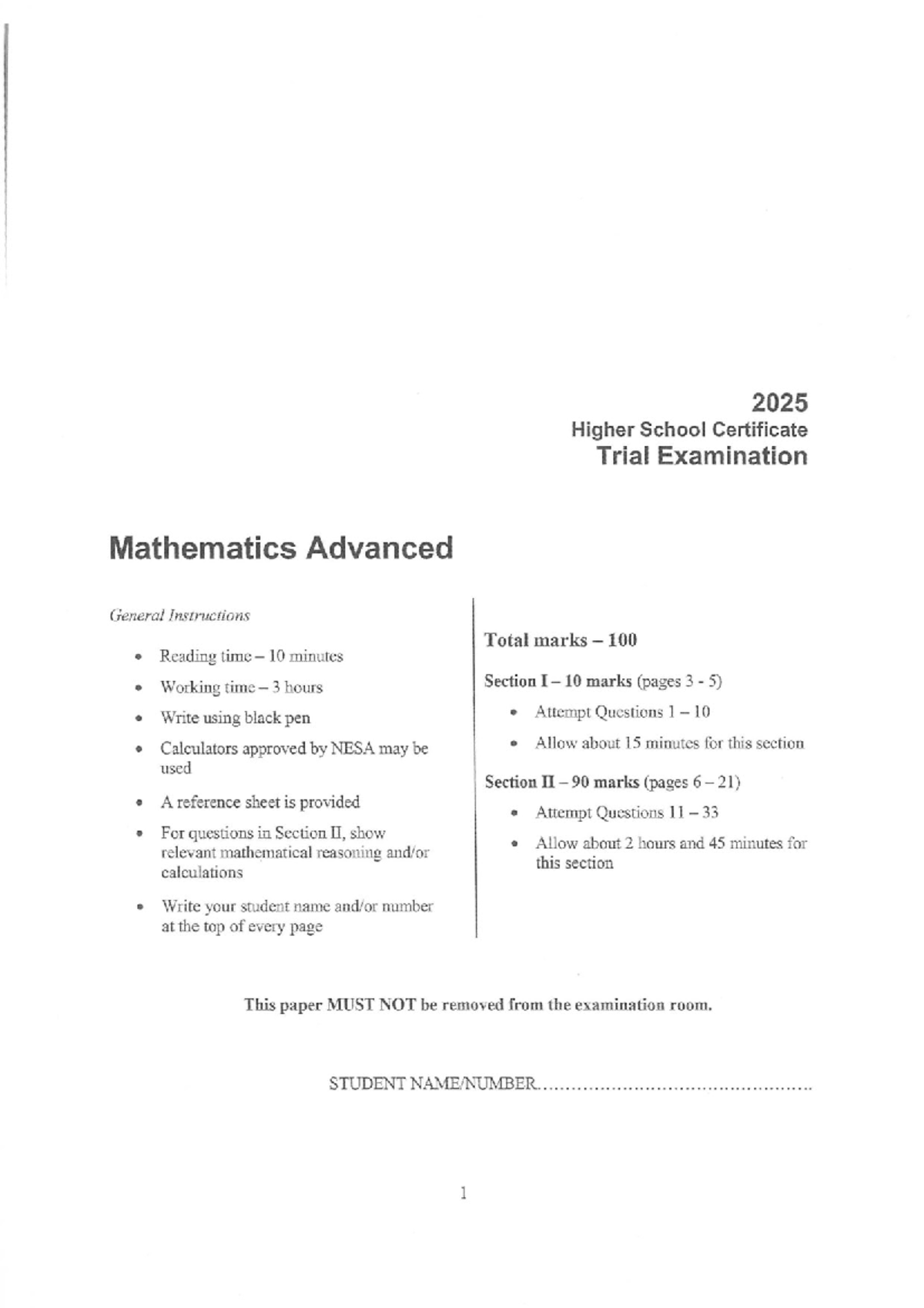 2025 HSC Trial Exam Mathematics Advanced - General Instructions - Studocu