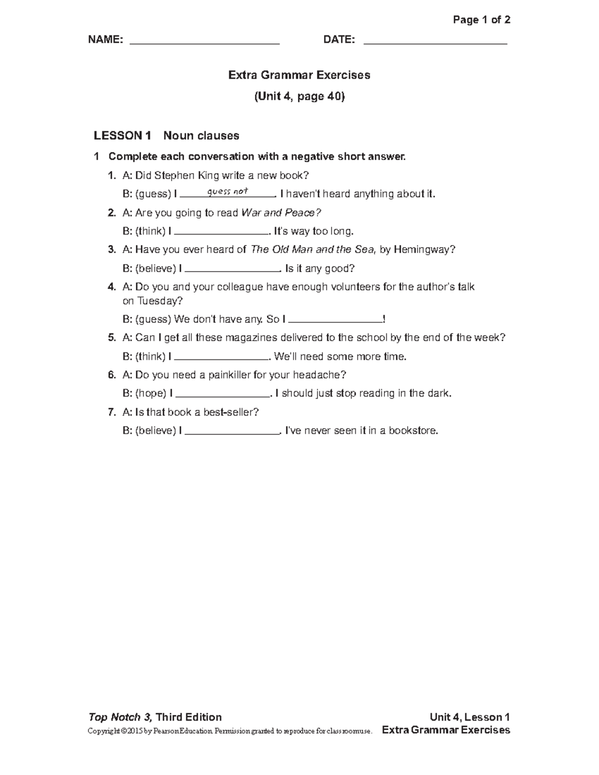 Top Notch 3 - Unit 4 - Extra Grammar Exercises & Noun Clauses - Studocu
