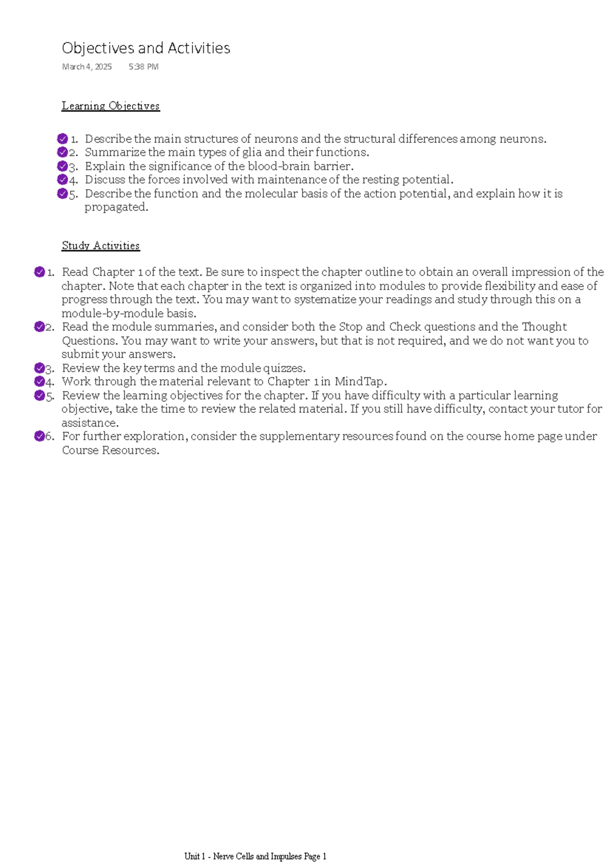 Unit 1 - Nerve Cells and Impulses: Learning Objectives & Study ...