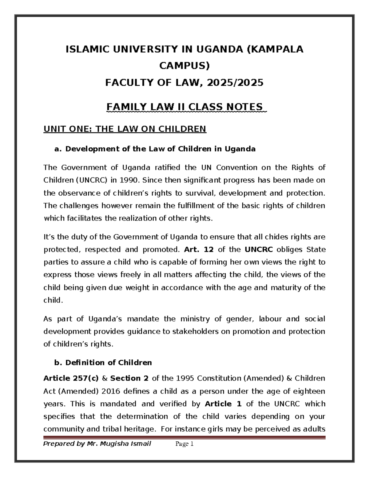 Family Law II Class Notes (IUIU MC): The Law on Children - Studocu