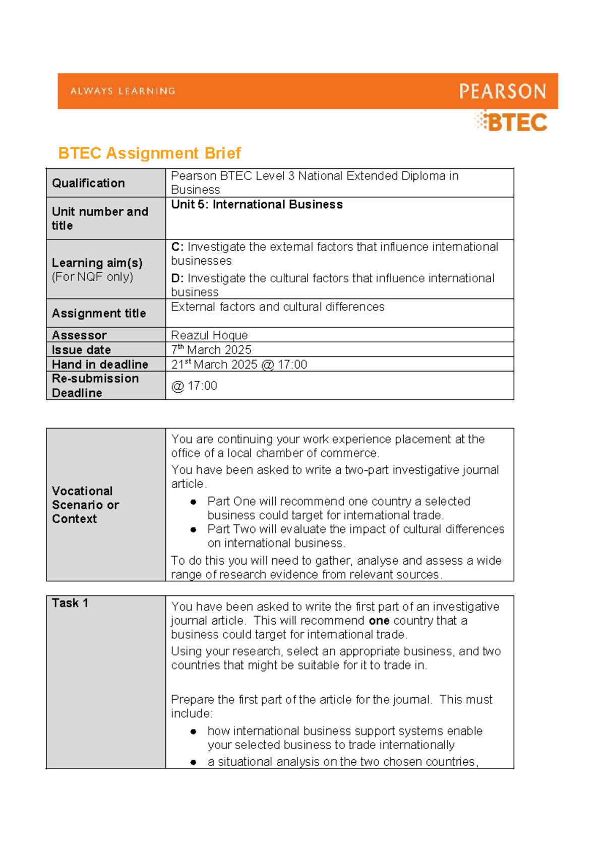 Unit 5: International Business Assignment 2 - Investigating External ...