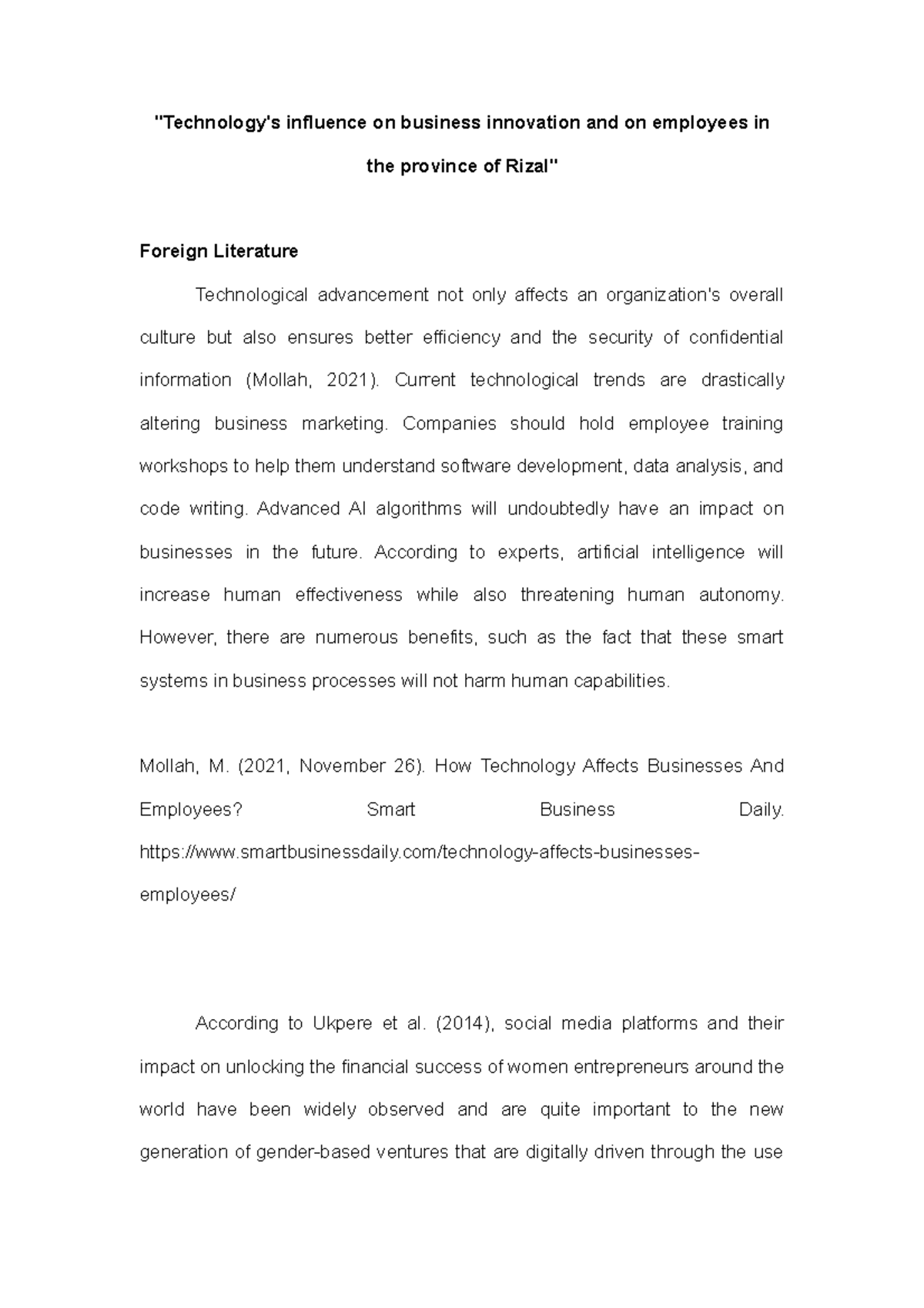 Literature Review on Tech's Impact in Rizal: Business & Employees - Studocu