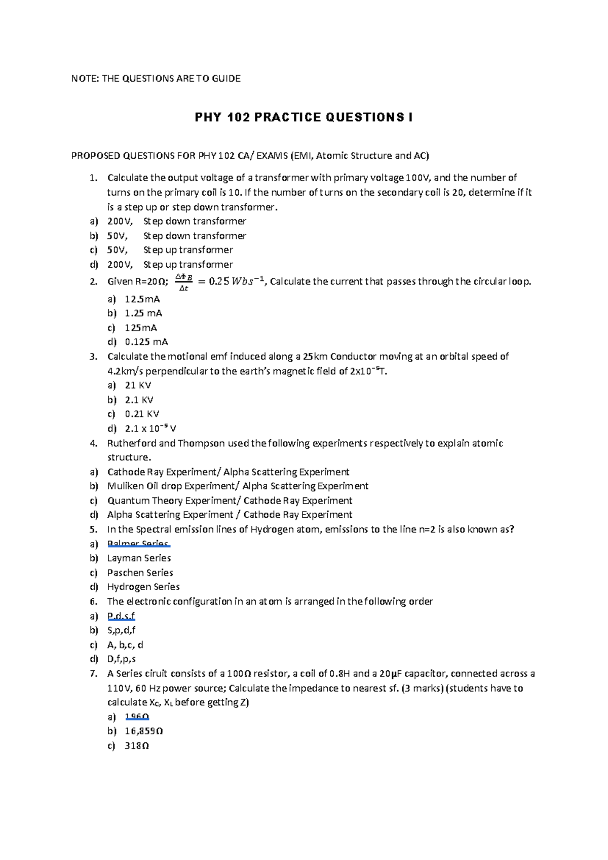 PHY 102 Final Exam Practice Questions on EMI & Atomic Structure - Studocu