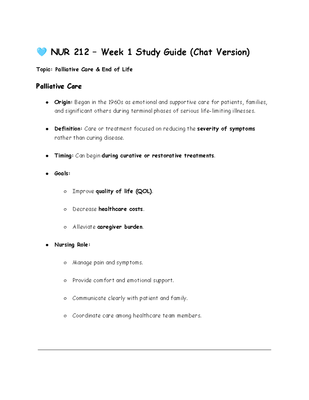 NUR 212 Week 1 Study Guide: Palliative Care and Stress Management - Studocu