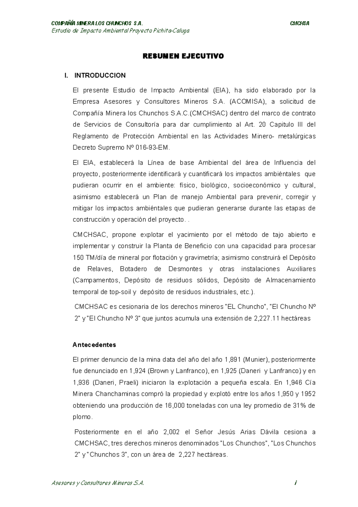 Resumen del Estudio de Impacto Ambiental del Proyecto Pichita-Caluga ...