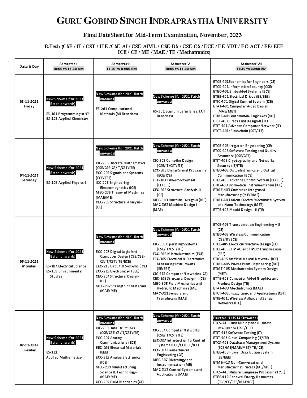 Final DateSheet for B.Tech Mid-Term Exams Nov 2023 - IPU - Studocu