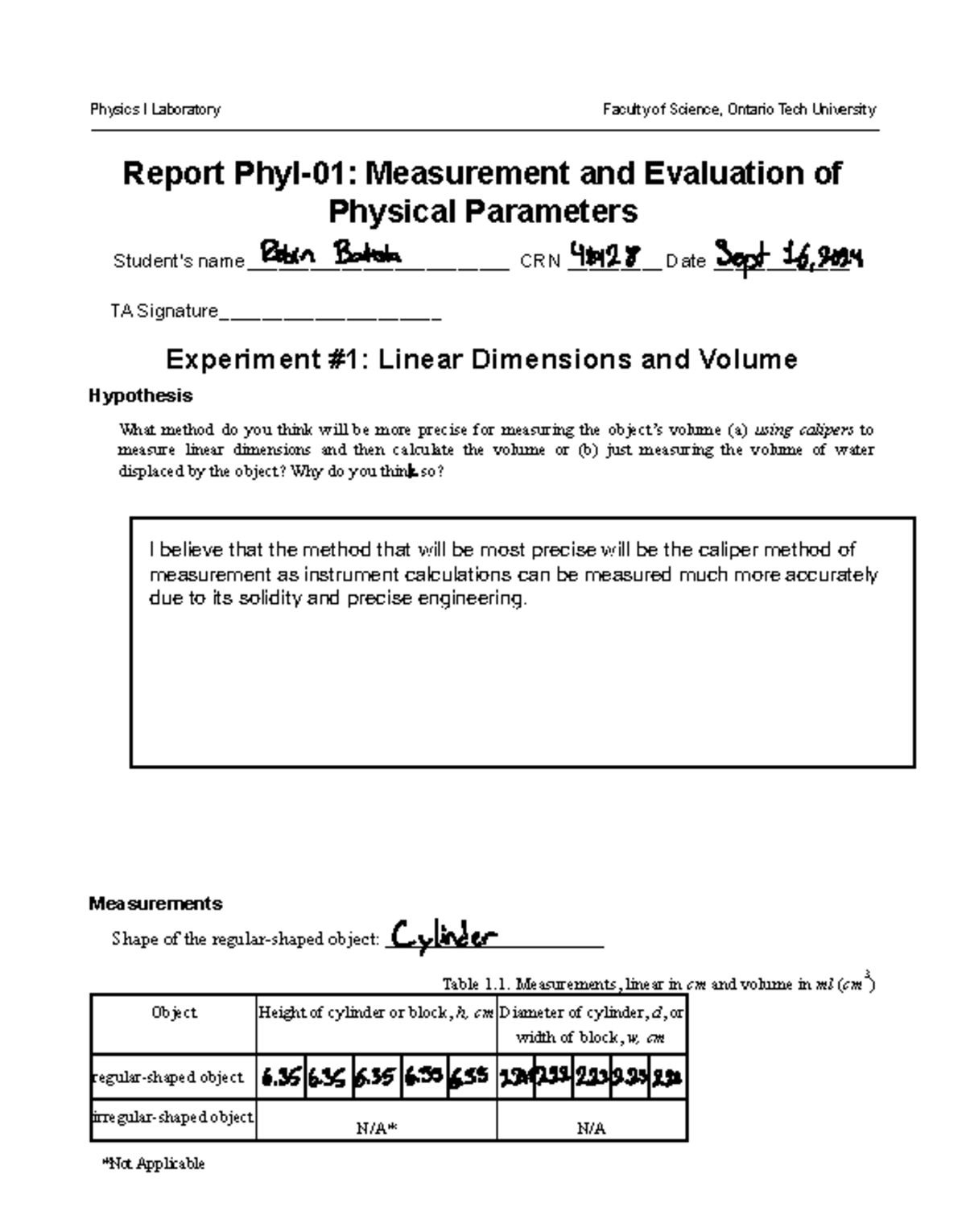 Physics I Lab Report 1: Measurement & Evaluation of Physical Parameters ...