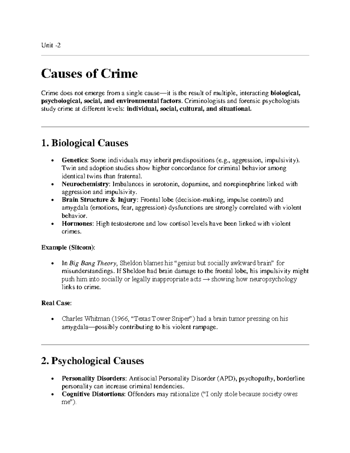 Unit 2: Causes of Crime - Forensic Psychology Notes - Studocu