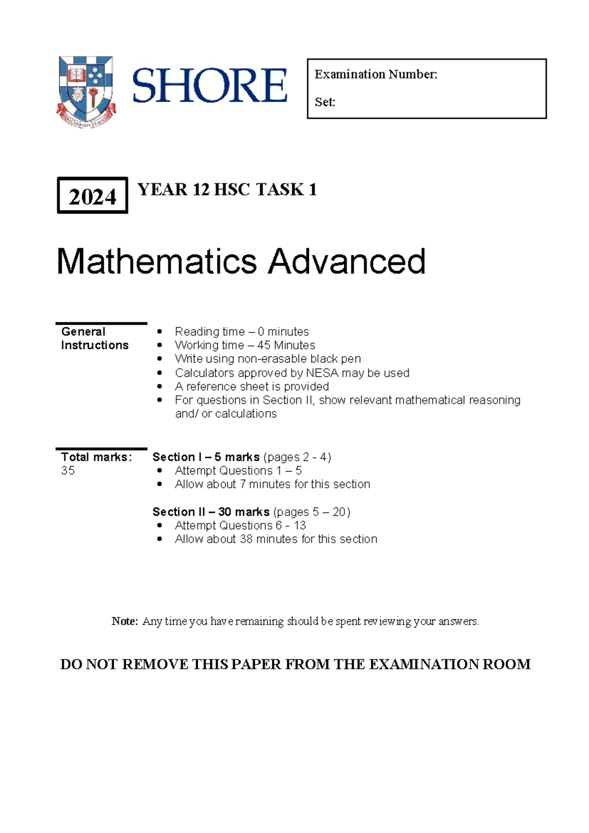 2024 HSC Task 1 Mathematics Advanced Past Paper - Studocu
