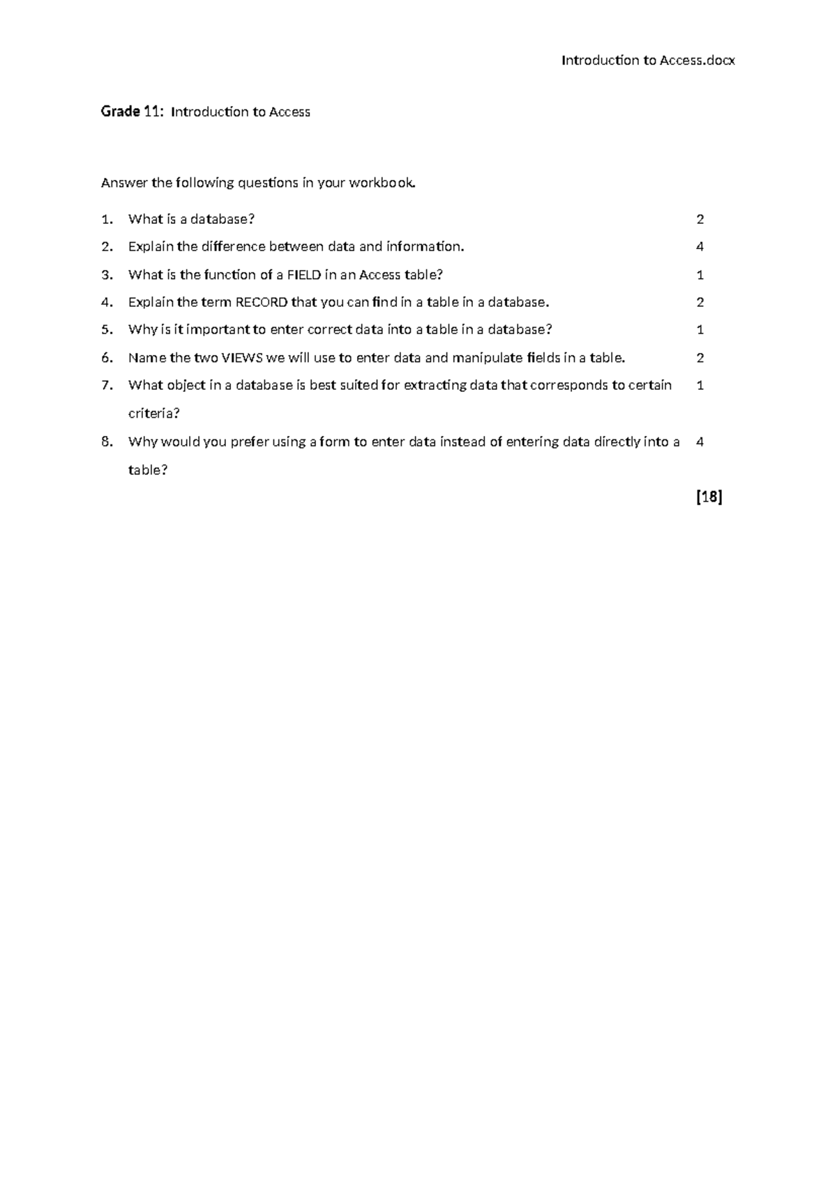 Grade 11: Introduction to Access - Database Concepts and Functions ...