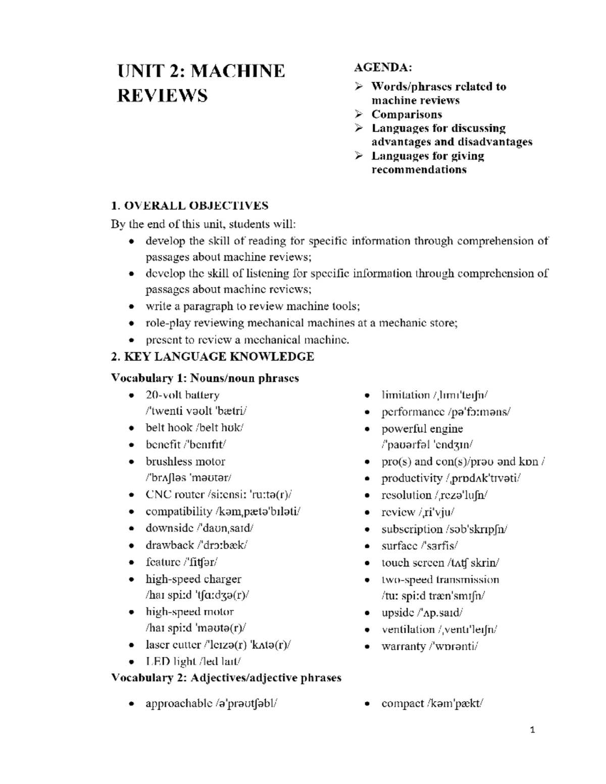 Unit 2: Machine Reviews - Objectives & Key Language Knowledge - Studocu