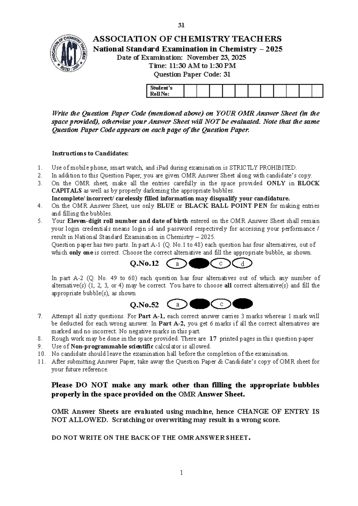 NSEC 2025: National Standard Examination in Chemistry - Set 31 Practice ...