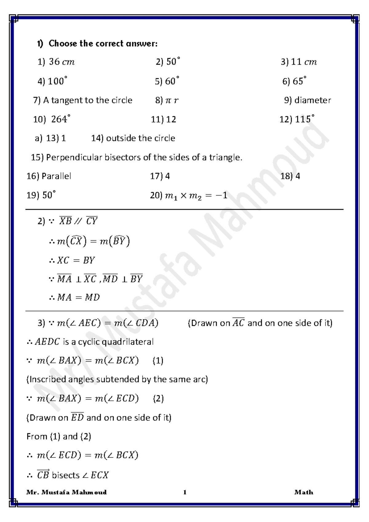 Part (1) Model Answer for Course Code: MATH101 - Studocu