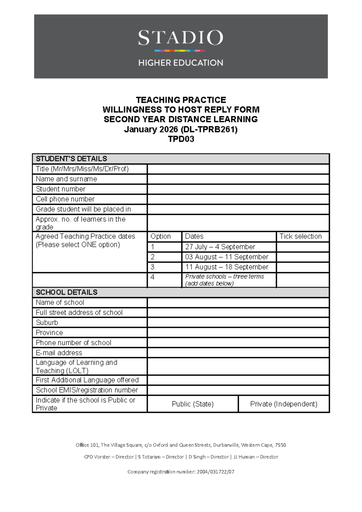 Willingness to Host Reply Form for TPD03 - Distance Learning 2026 - Studocu