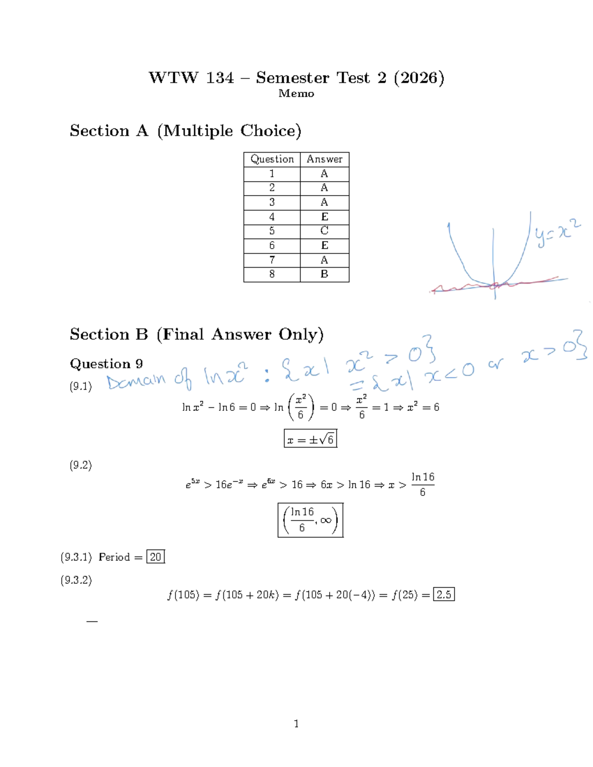 WTW 134 Semester Test 2 (2026) Memo Solutions and Answers - Studocu