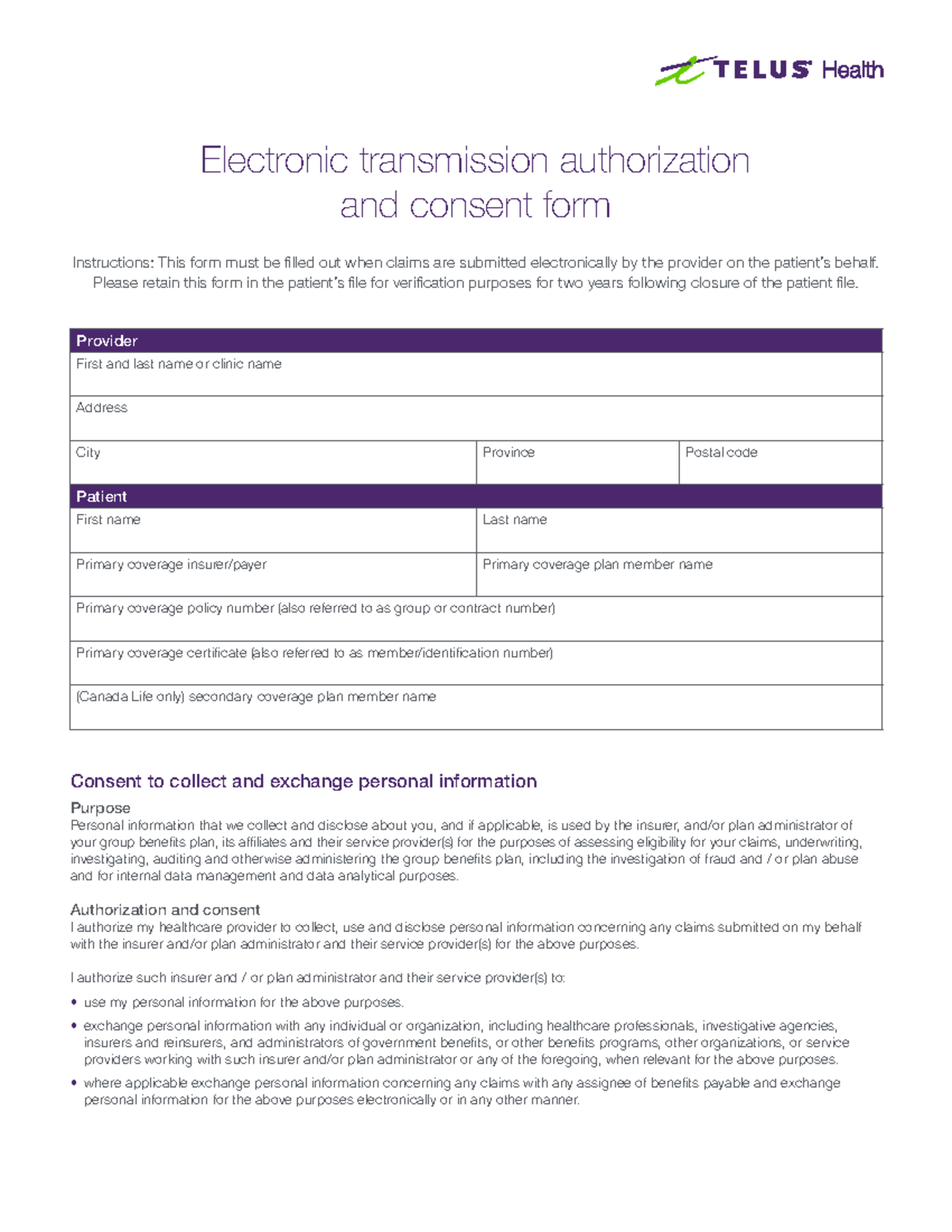 Telus Health Direct Billing Forms - Electronic Consent & Auth. - Studocu