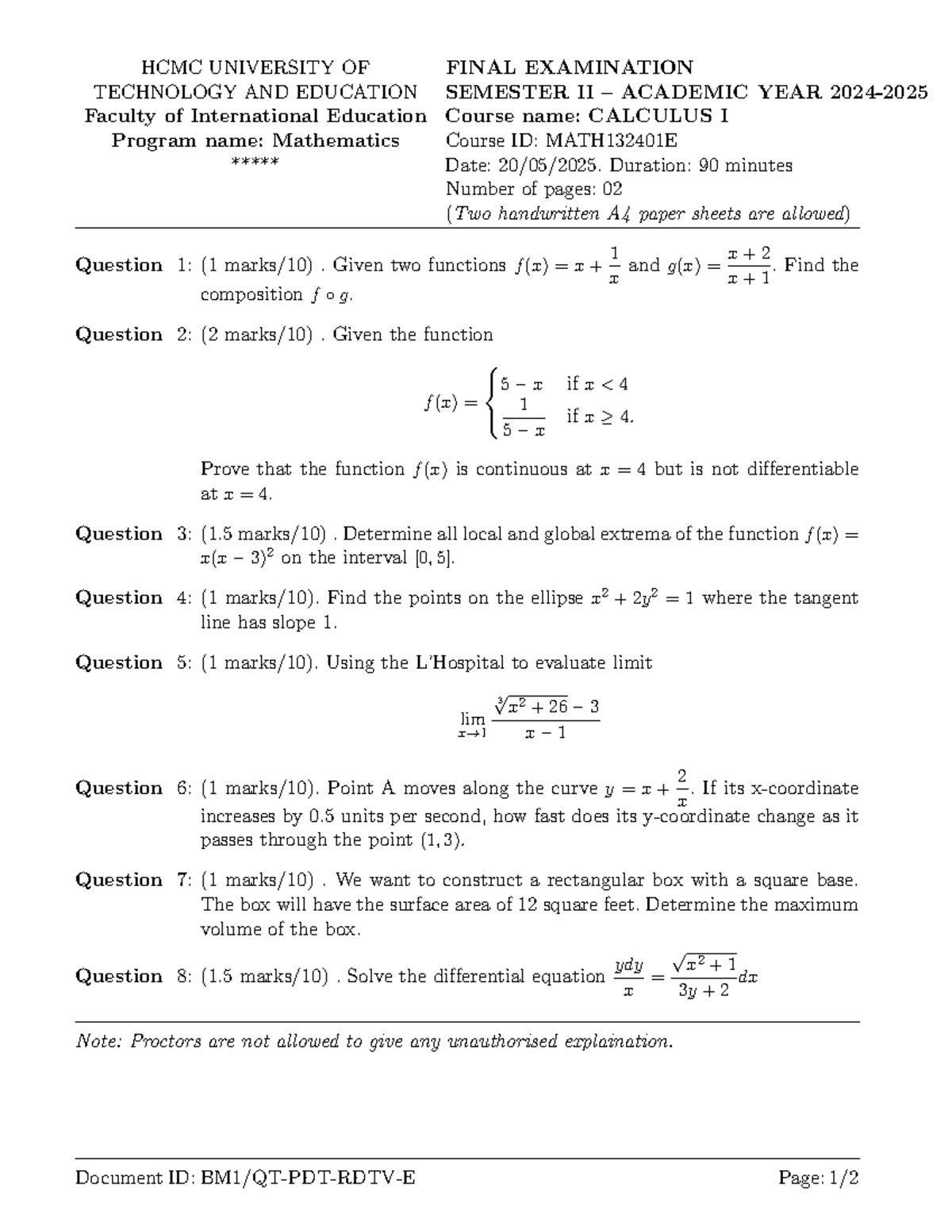 MATH132401E Calculus I Final Exam Questions - Semester II 2024 - Studocu
