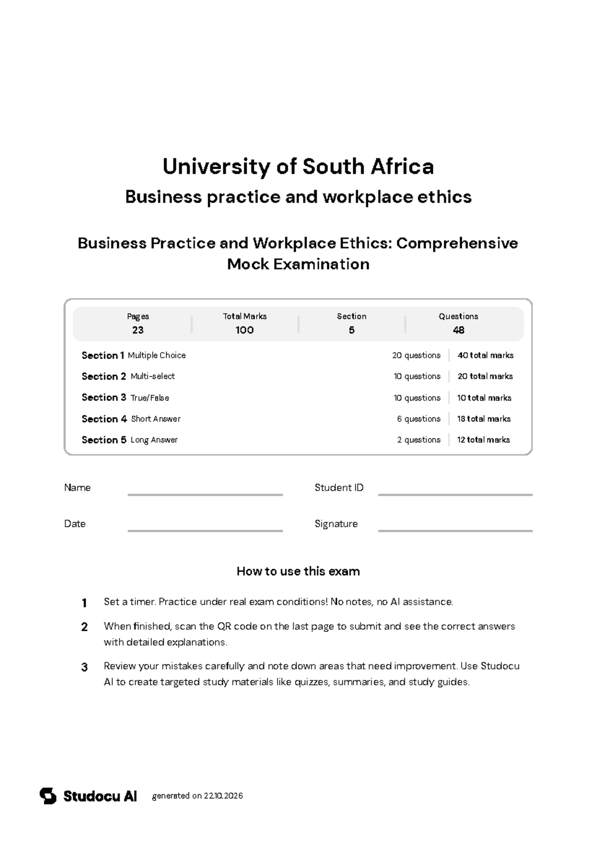 Business Practice and Workplace Ethics: Mock Exam - Studocu