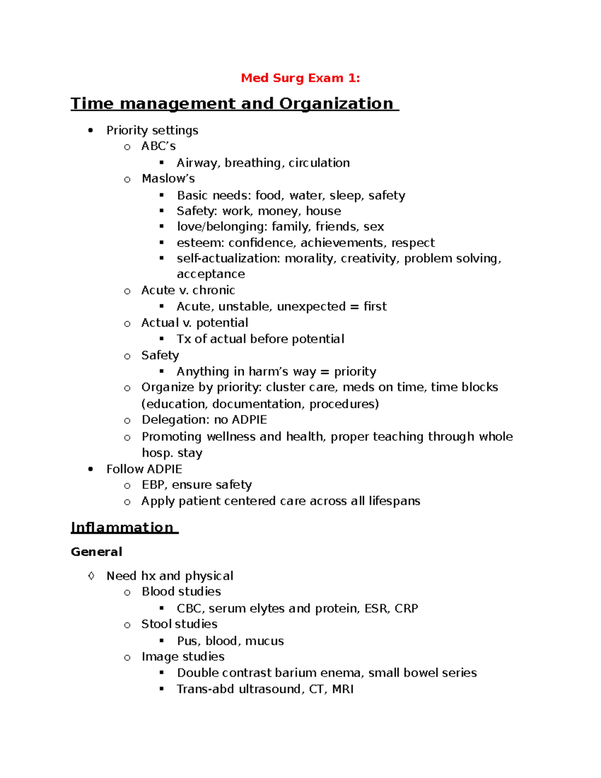 Med Surg Exam 1 Study Guide: Prioritizing Patient Care and ...