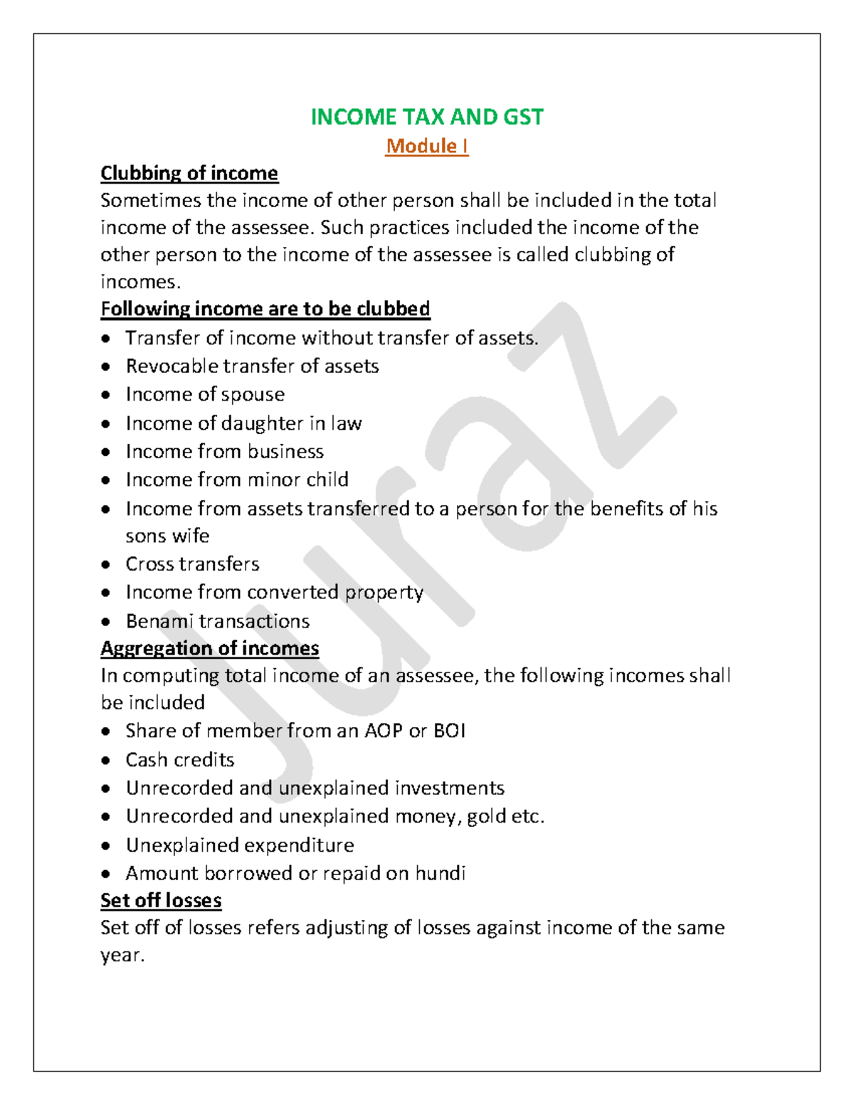748113788 Income Tax and Gst - INCOME TAX AND GST Module I Clubbing of ...