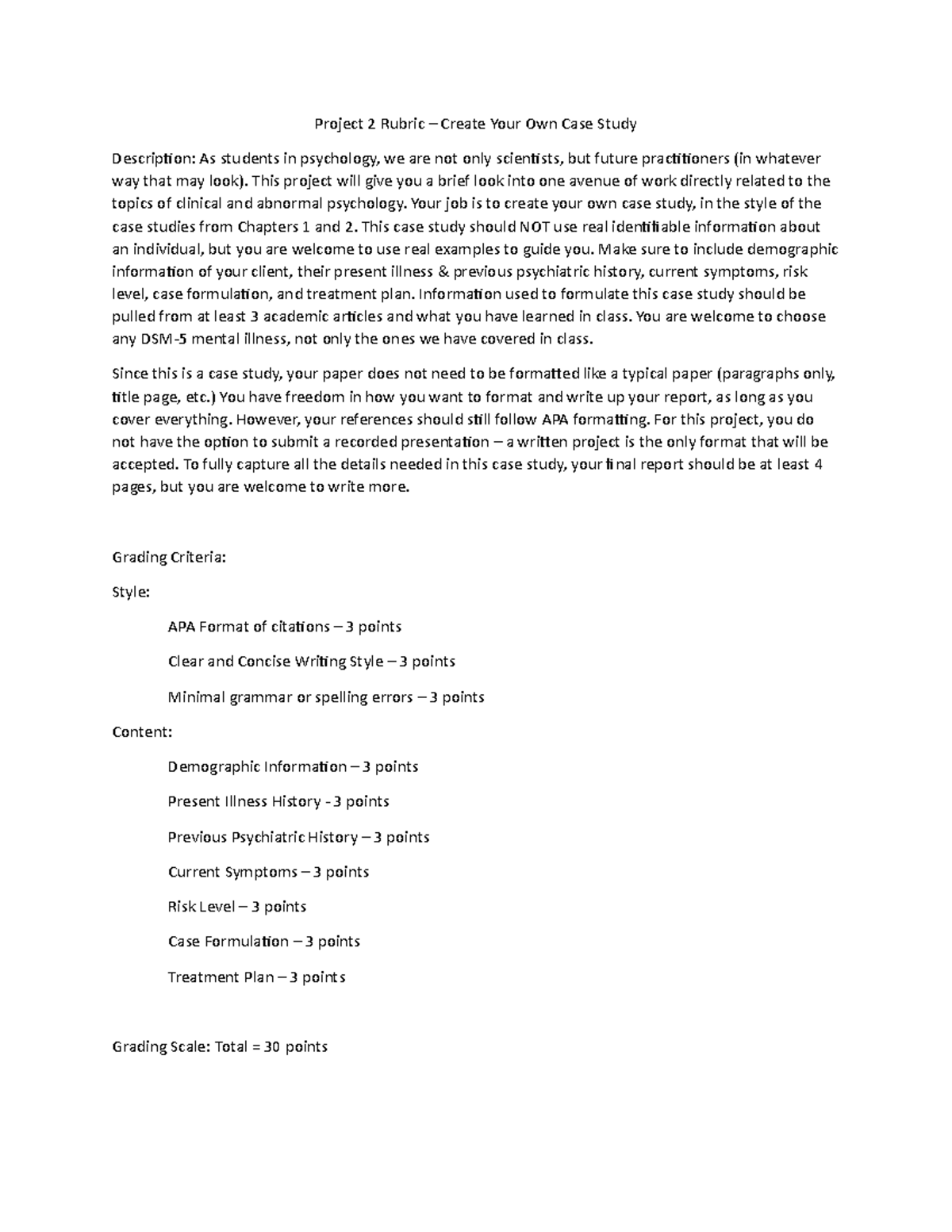 PSY 204 Project 2 - Case Study Rubric by Grace Cox - Studocu