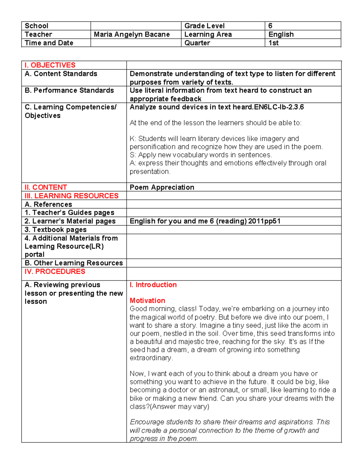 Lesson Plan: Poem Appreciation for English EN6LC-Ib-2 - Studocu
