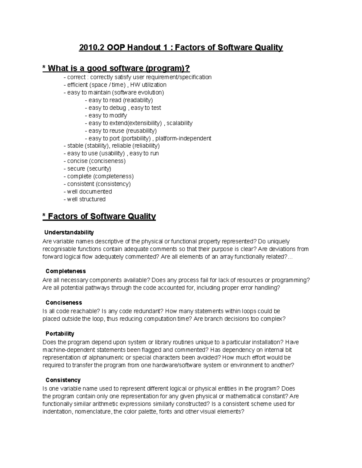 2010.2 OOP Handout 1: Factors Influencing Software Quality - Studocu