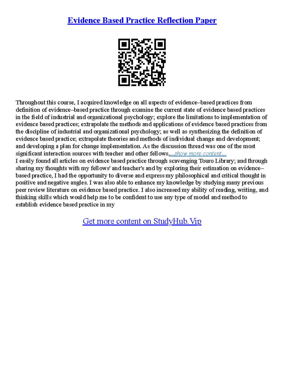 Evidence Based Practice Essay - Evidence Based Practice Reflection ...
