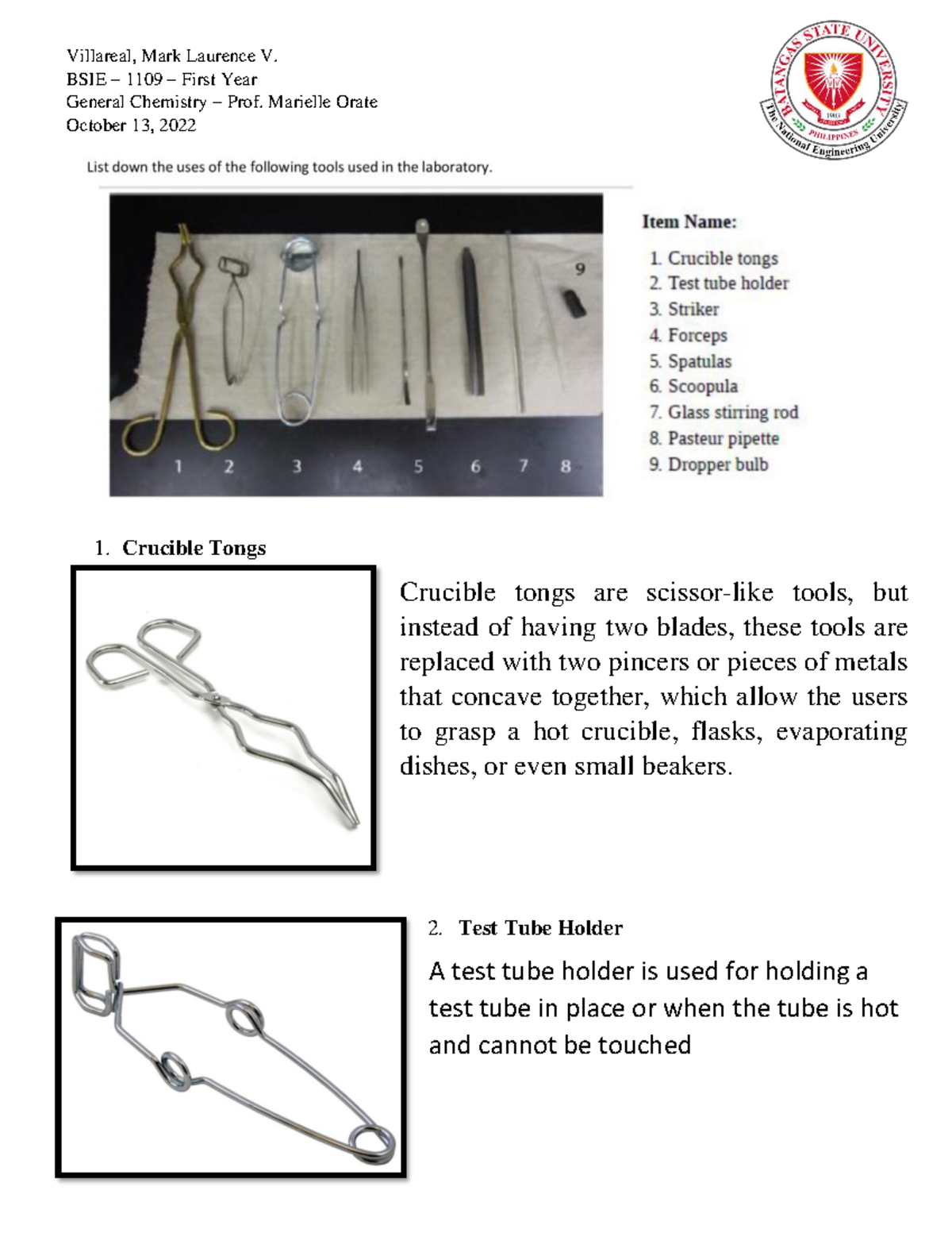 BSIE 1109 General Chemistry Lab Tools Overview by Villareal ML - Studocu