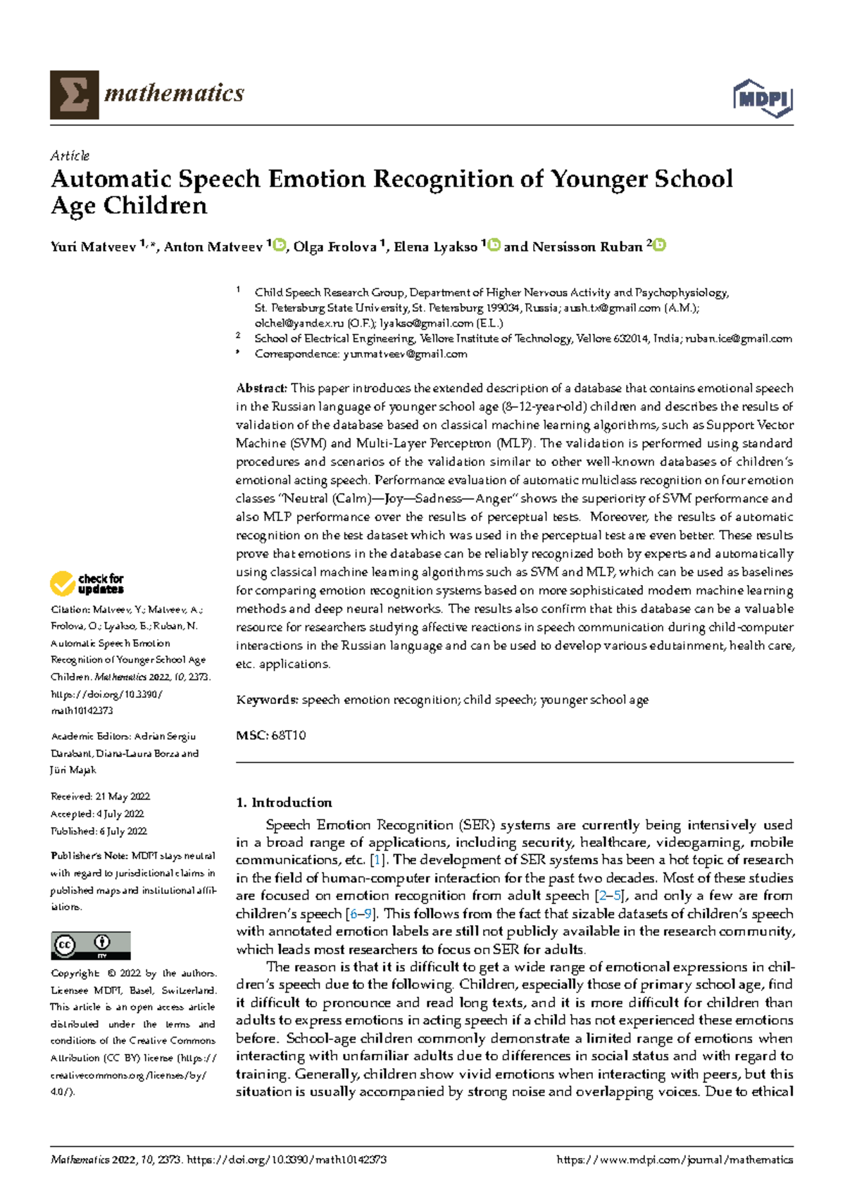 Mathematics 10:2373 - Automatic Speech Emotion Recognition in Children ...
