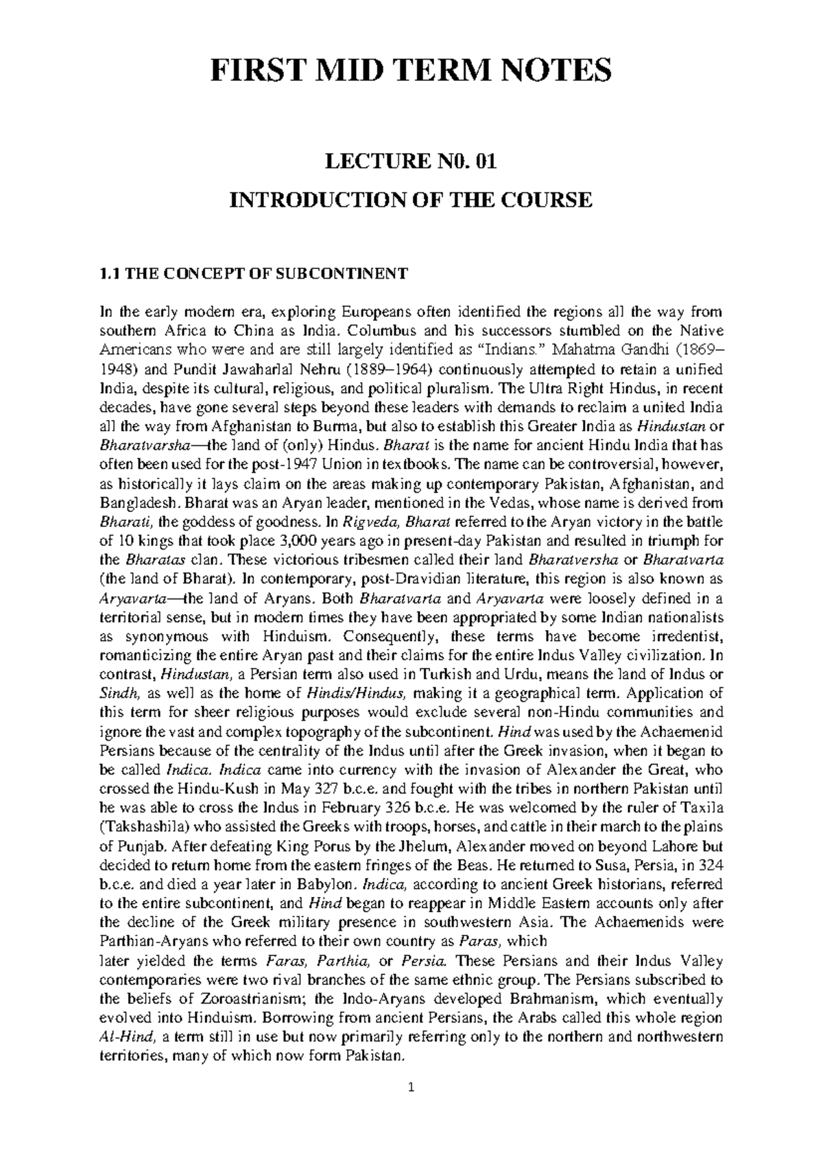 First Mid Notes - FIRST MID TERM NOTES LECTURE N0. 01 INTRODUCTION OF ...