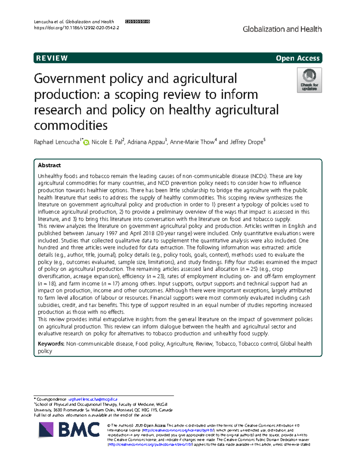 Government Policy and Agricultural Production: A Scoping Review on ...