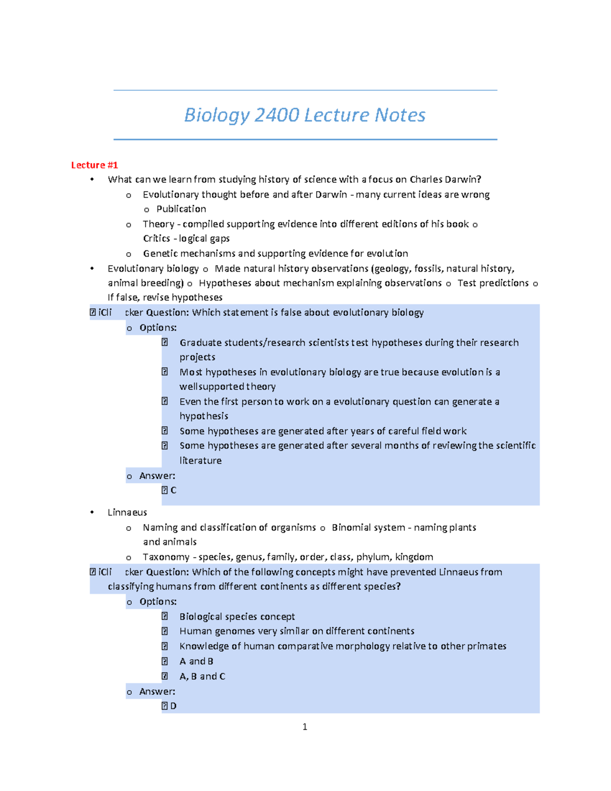 Biology 2400 Lecture Notes: Evolution and Natural Selection Insights ...