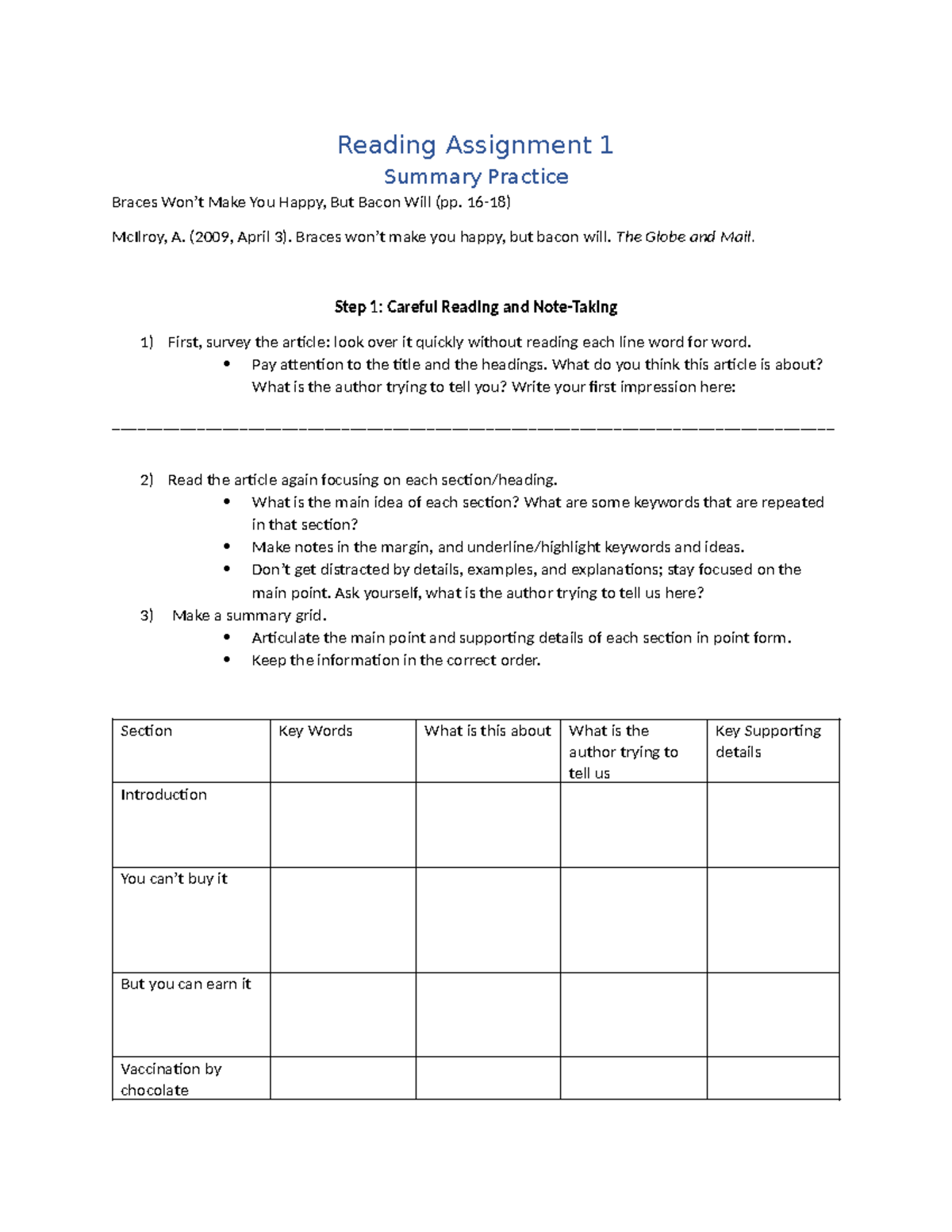 Reading Assignment 1 Bacon and Braces updated - Reading Assignment 1 ...