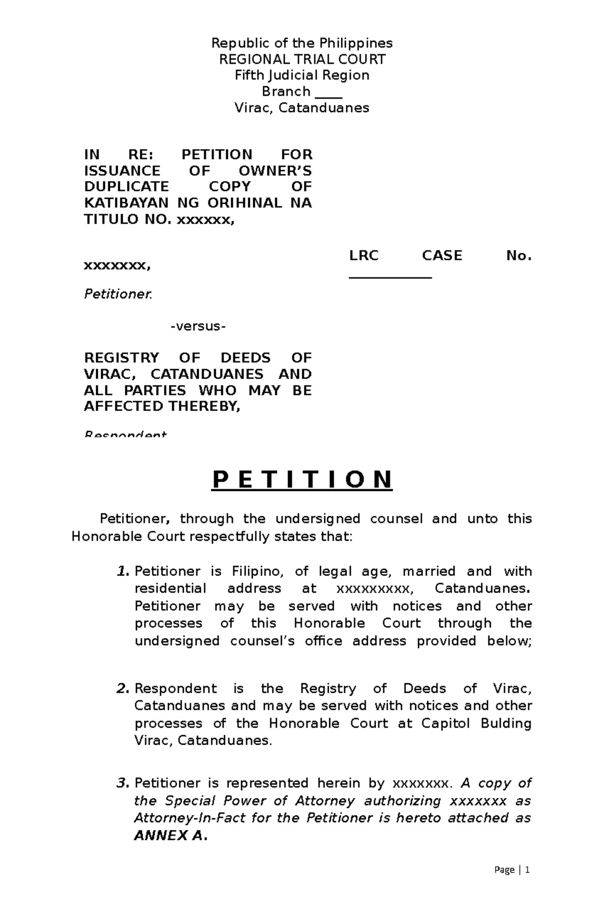 Petition for Issuance of Duplicate Title - Republic of the Philippines ...