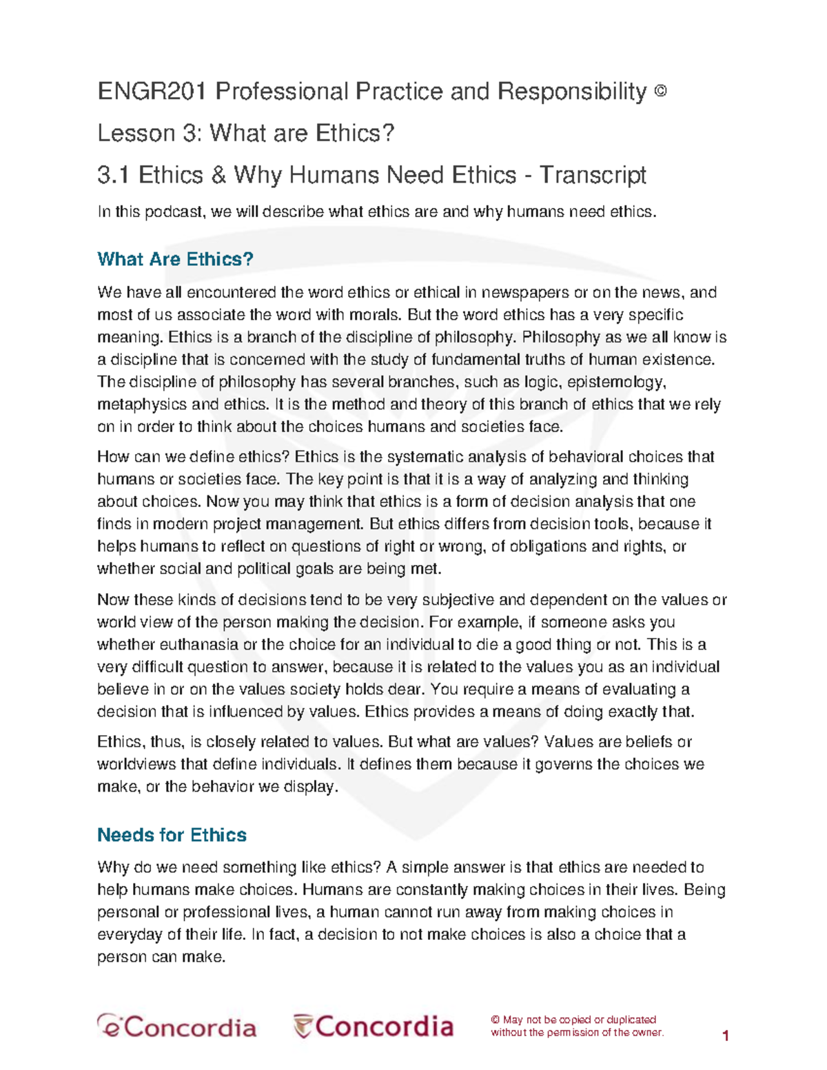 ENGR201 Professional Practice & Responsibility: L3 - Ethics Overview ...