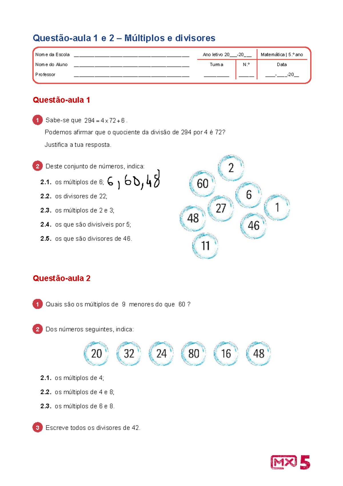 Múltiplos e Divisores - Matemática 5.º Ano - Ficha de Desenvolvimento ...