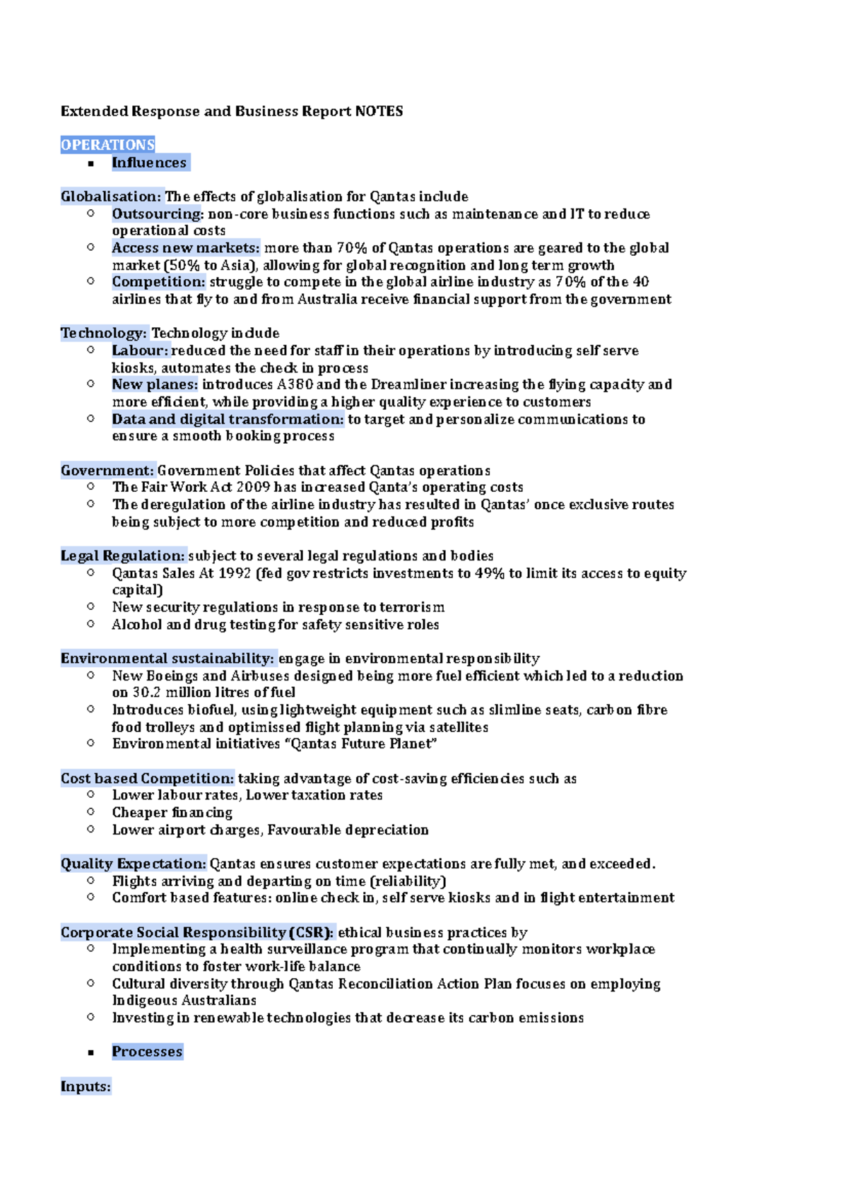 Extended Response and Business Report Notes: Operations Influences on ...