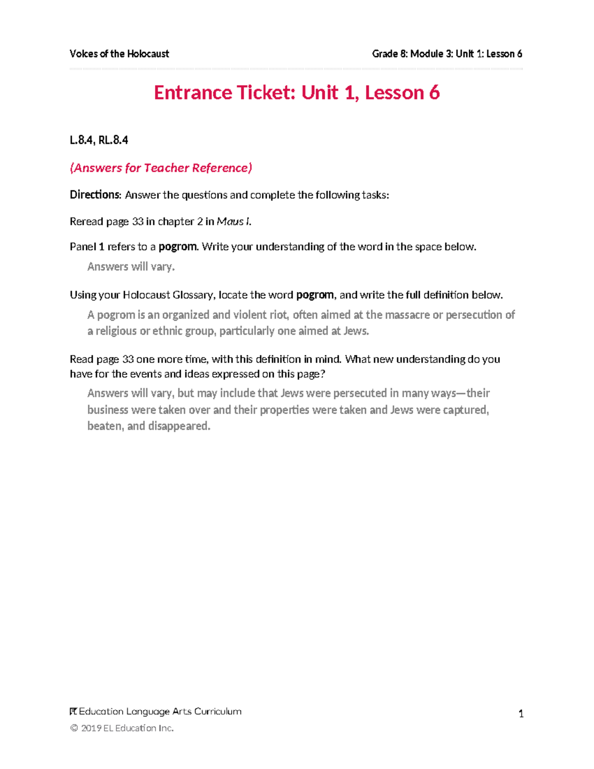 Voices of the Holocaust Grade 8: Module 3, Unit 1, Lesson 6 Activities ...