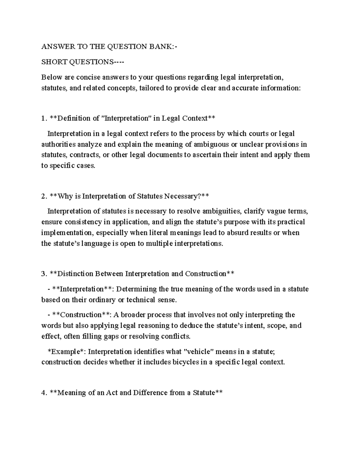 ANSWER TO THE QUESTION BANK: Legal Interpretation of Statutes - Studocu