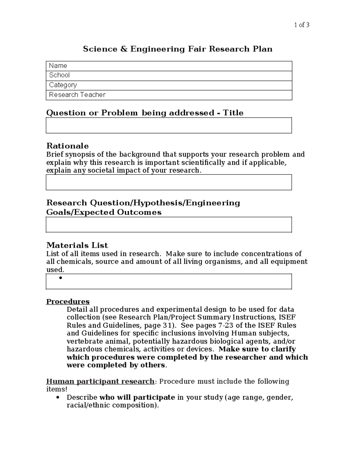 Research Plan Form - Science & Engineering Fair (General Form 3) - Studocu
