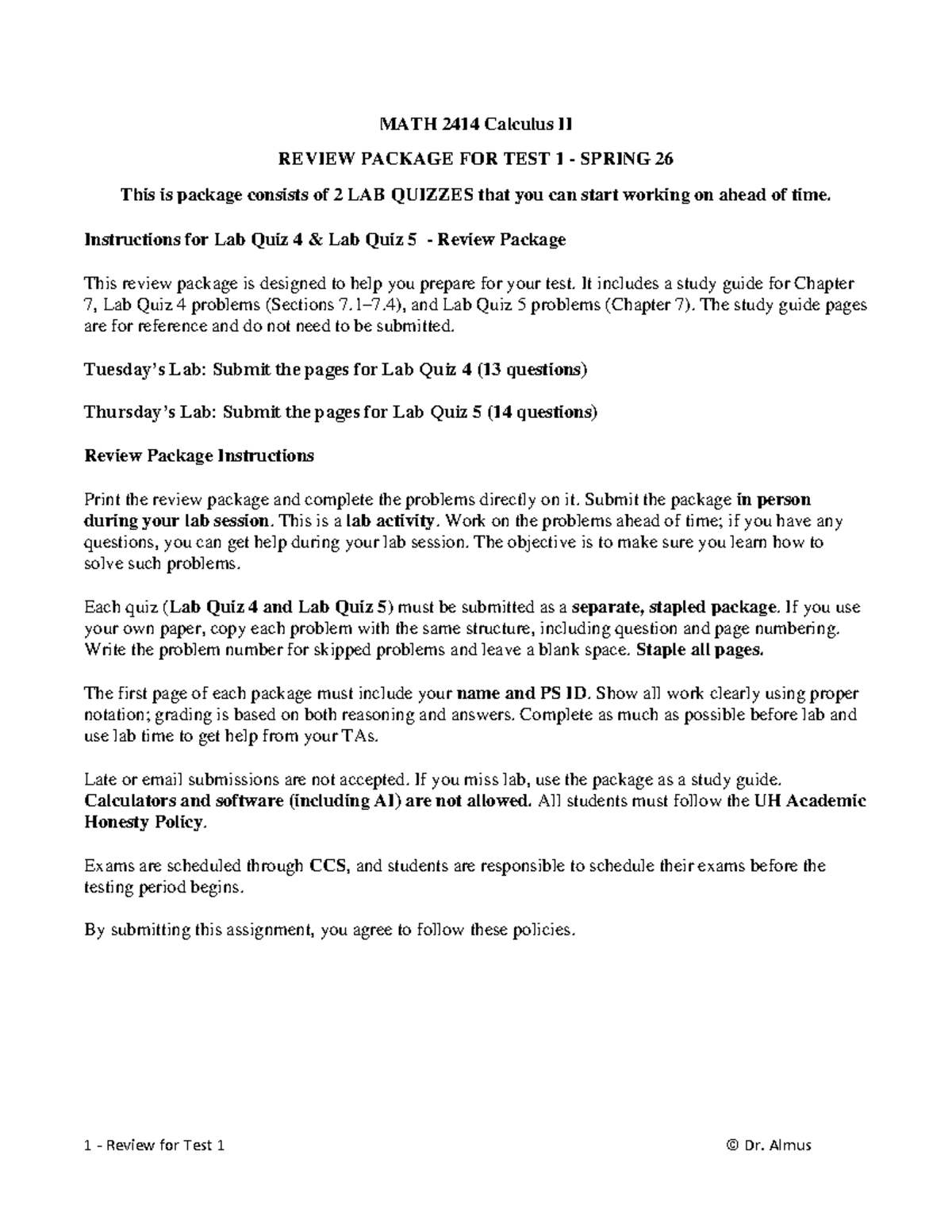 MATH 2414 Calculus II Test 1 Review Package: Lab Quizzes 4 & 5 - Studocu