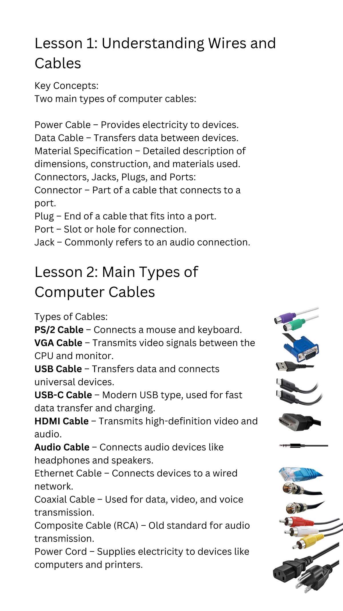 IT 101: Lesson 1 - Understanding Wires and Cables in Computing - Studocu