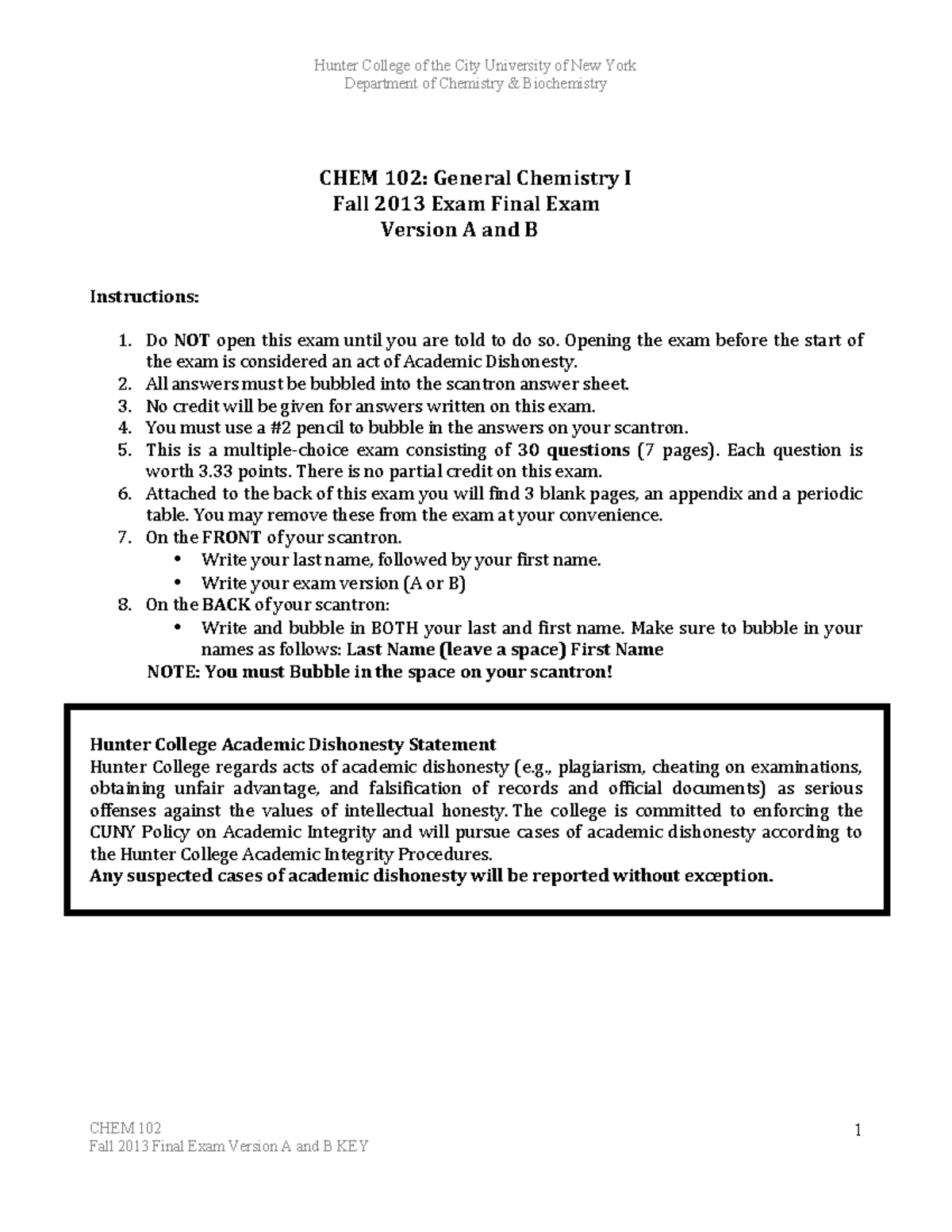 CHEM 102 Final Exam Versions A & B Practice Questions S13 - Studocu